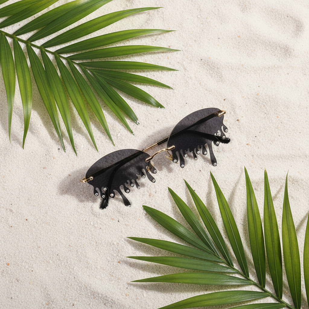 Ochelari drip negri flat lay pe nisip cu frunze de palmier